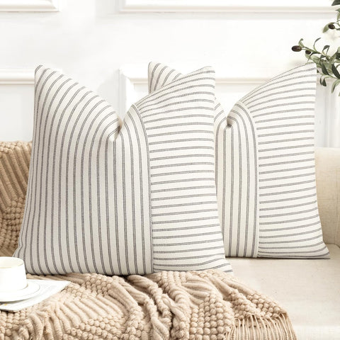 Farmhouse Pillow Covers 18x18, Modern Accent Square Throw Pillow Covers Set of 2, Gray and Beige Striped Patchwork