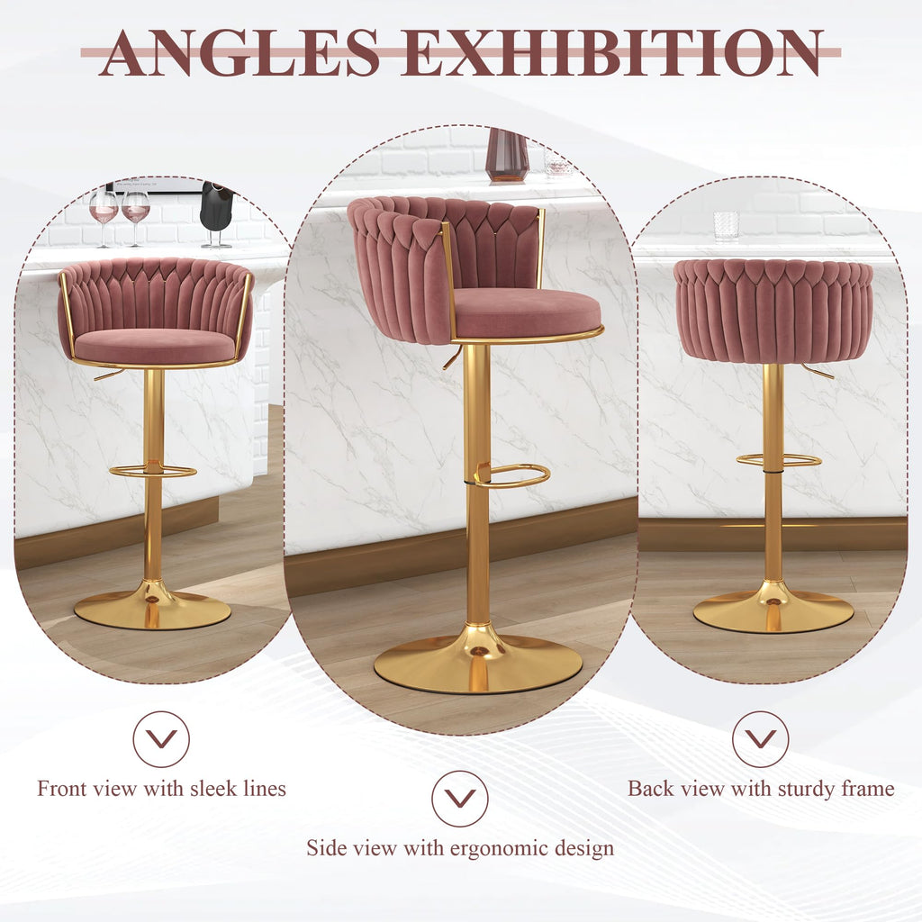 Gold Bar Stool Set of 6, Velvet Swivel Barstools, Height Adjustable Counter Stools with Woven Backrest, Upholstered