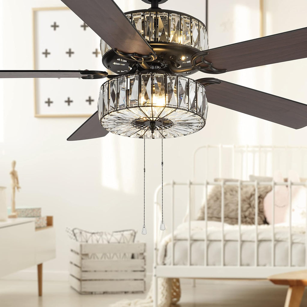 52" Glam Double-Lit LED Ceiling Fan with Clear K-9 Crystal Caged Lights - Reversible Blades (Mahogany/Antique Black)