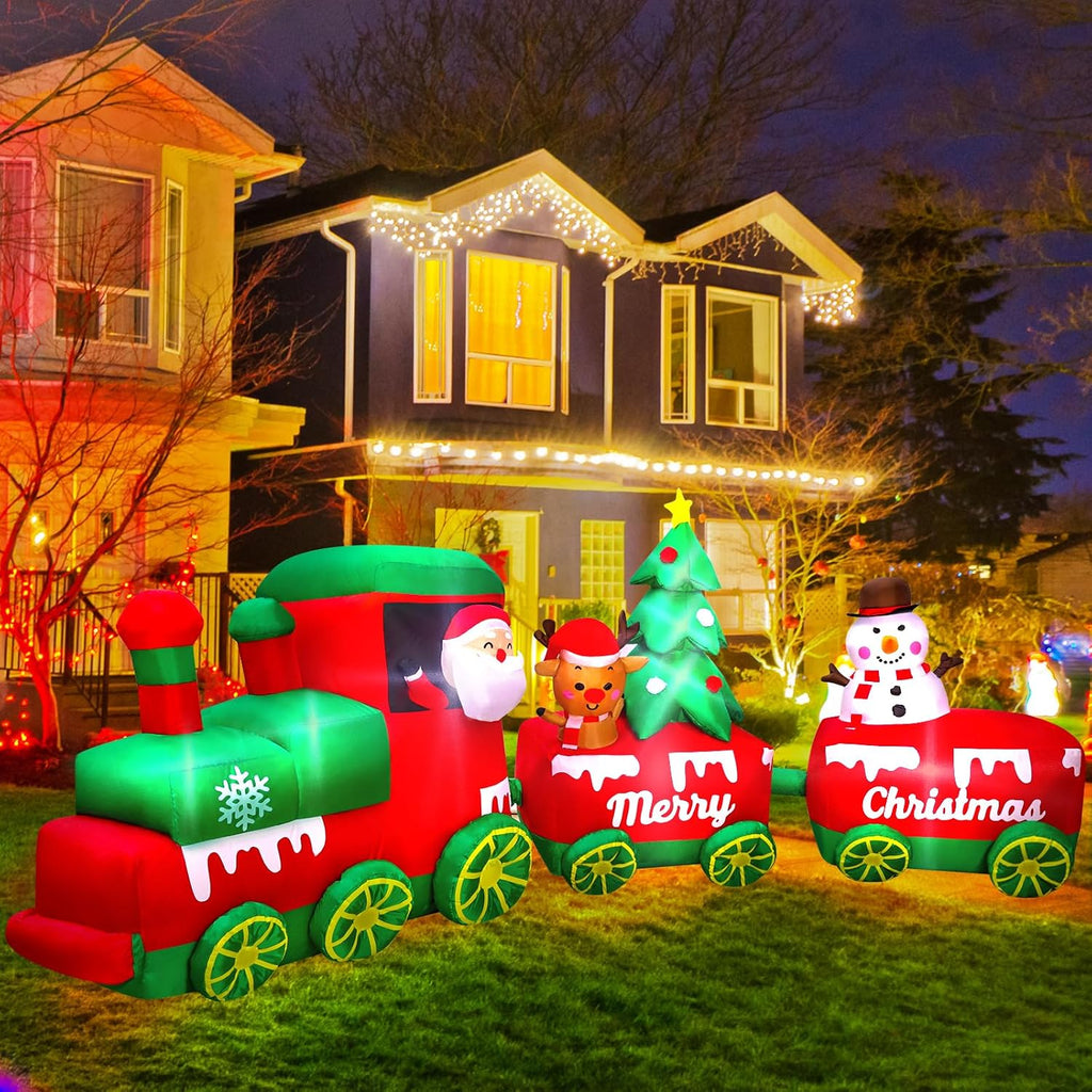10.7 FT Christmas Inflatables Train with Santa Claus Reindeer Snowman Christmas Tress Built-in LED Lights Blow Up