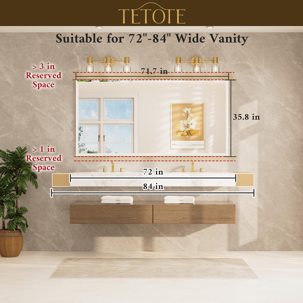 72" x 36" Rectangle Tempered Mirror with Frameless Beveled Edge for Vanity and Bathroom