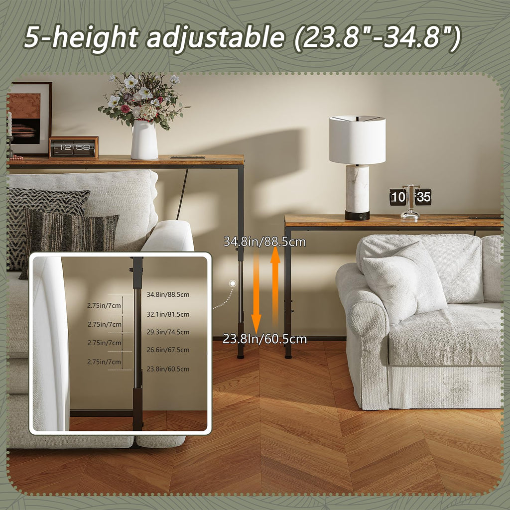 102.4" Behind Couch Table Adjustable Height 23.8~34.8" with 2 Charging Stations, 5.9" Narrow Console Table Skinny