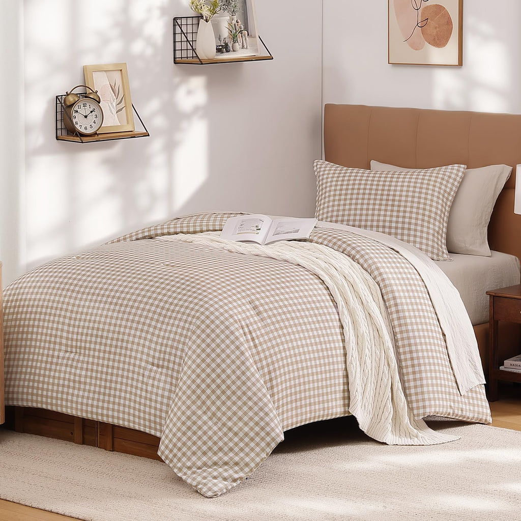 Tan Gingham Comforter Set Queen, Brown Checkered Grid Plaid Bedding - Set of 3