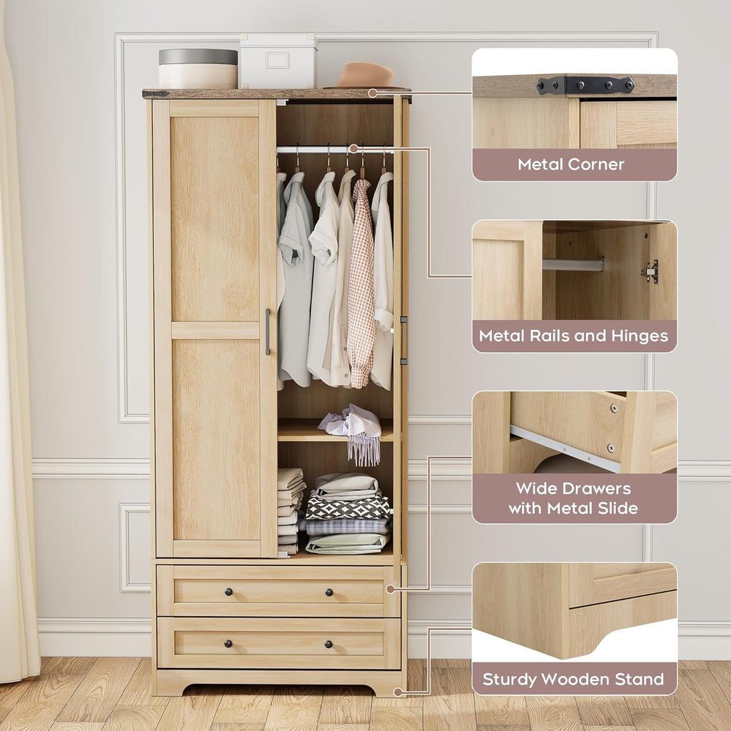 2 Doors Wooden Armoire Wardrobe Closet with 2 Drawers, Natural | 2 Modern Doors, Freestanding, with Drawers and