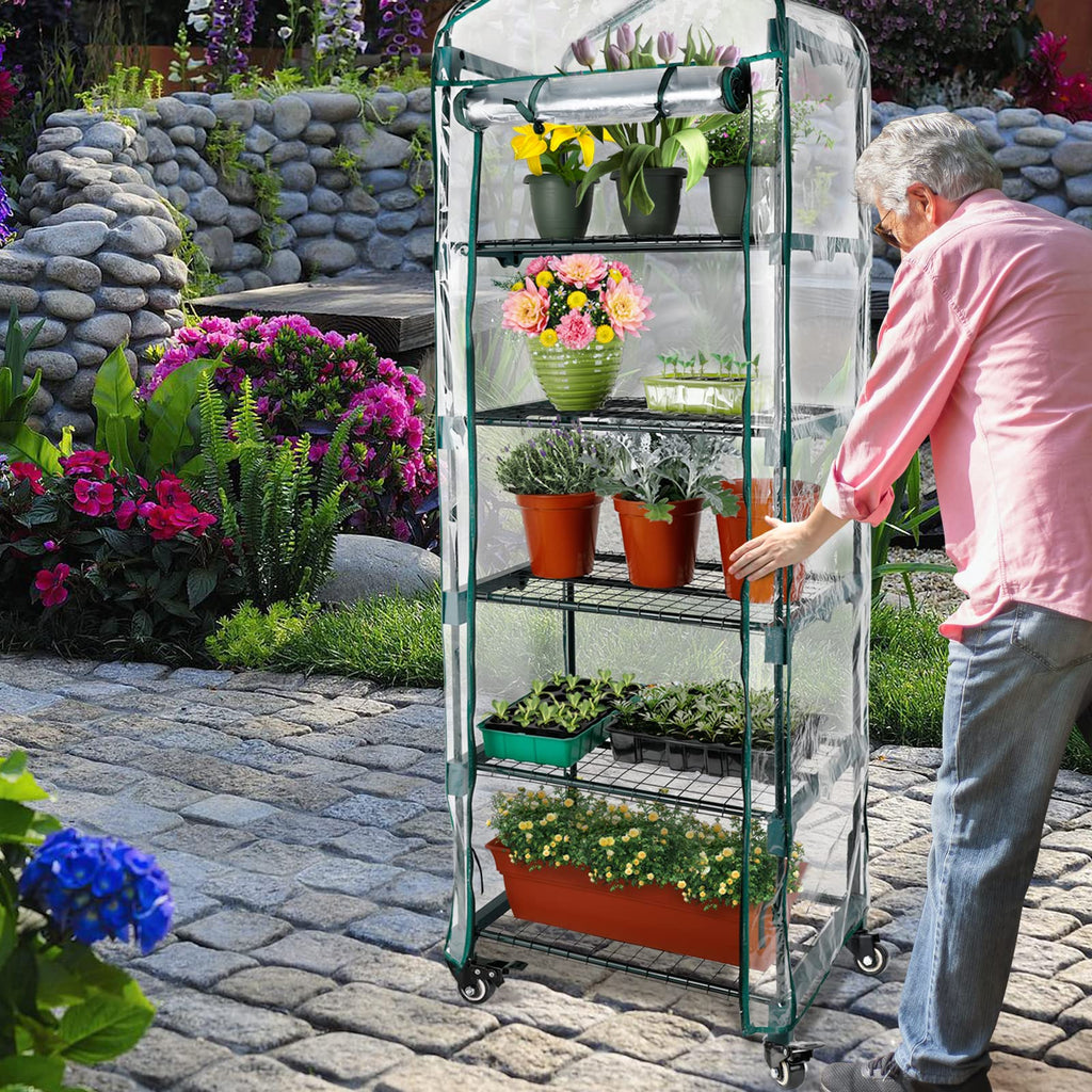 Upgraded 5-Tier Mini Greenhouse with Castors Wheels - Portable Small Gardening Green House with PVC Cover - Heavy