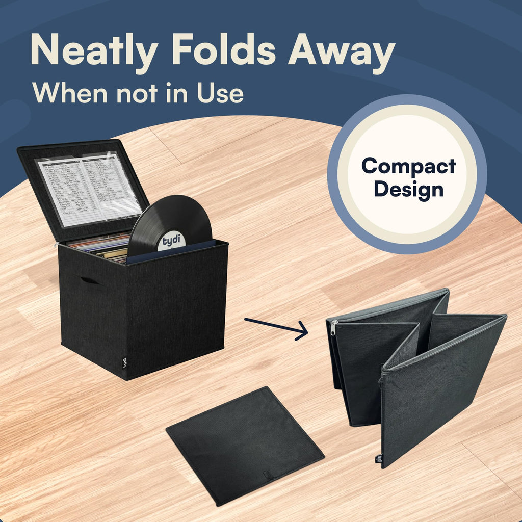 Vinyl Record Storage Box with Zip Closure - Holds Up to 90 12 Inch Vinyl Records - Collapsible Crate, LP Storage