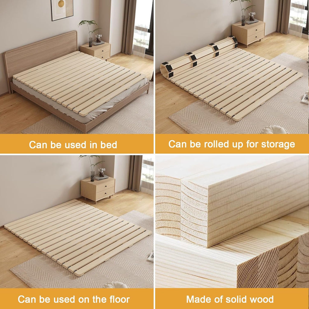 Folding Solid Wood Bed Frame, Foldable Japanese Floor Tatami Bed Frame, Wooden Roll-Type Slatted Floor Beds, Guest