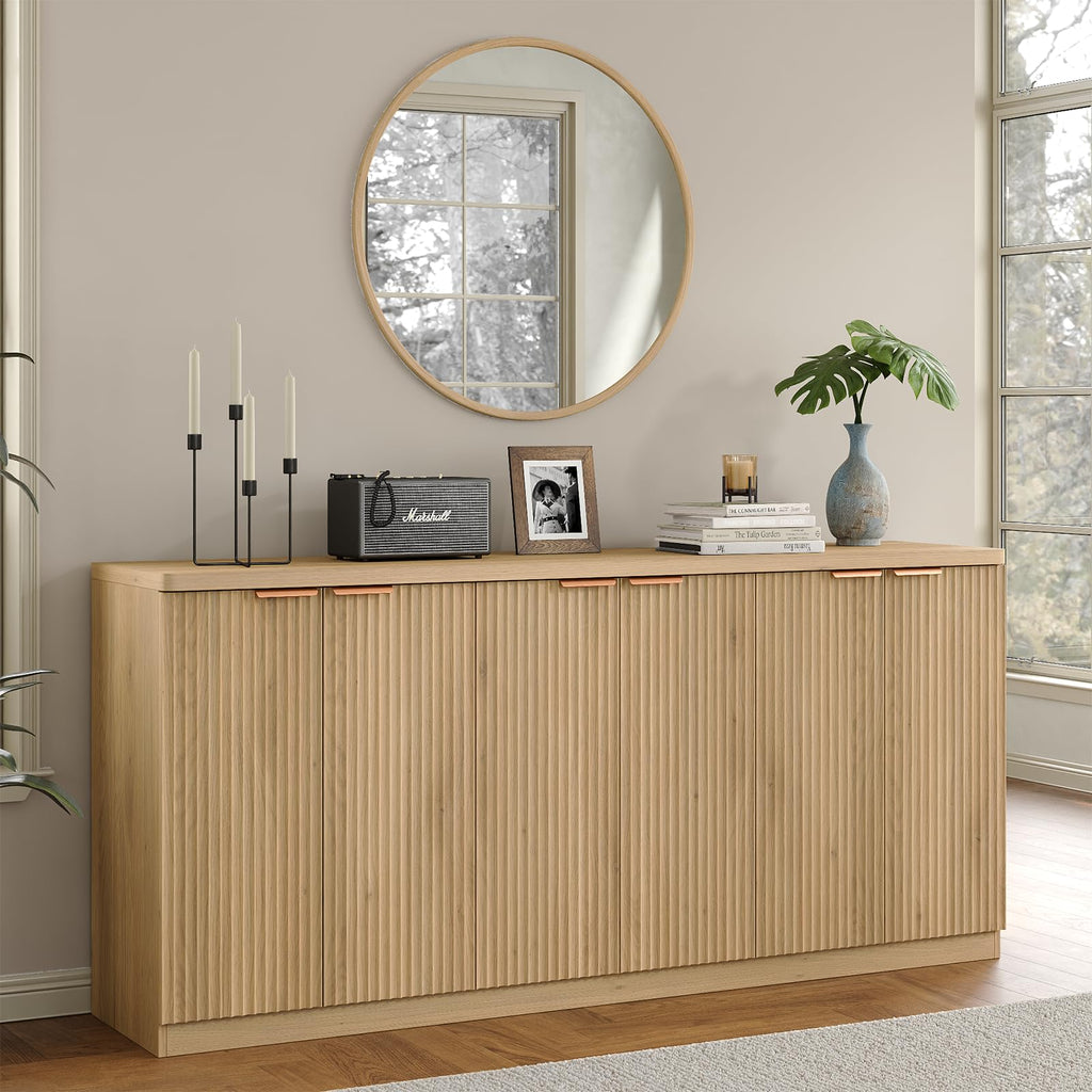 70" Large Buffet Sideboard Cabinet, Fluted Cabinet 6 Doors, Buffet Table Coffee Bar Wine Bar Storage Cabinet