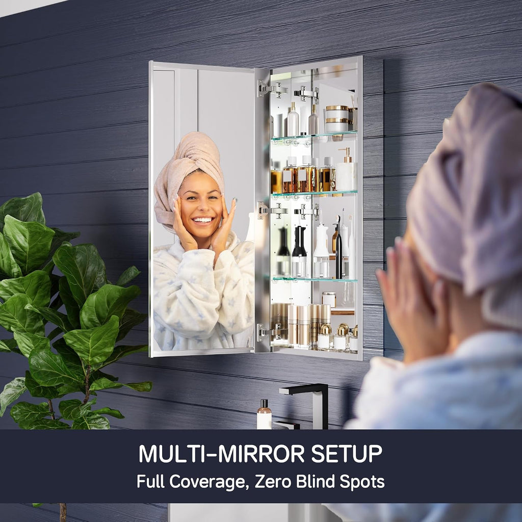 16" x 36" Medicine Cabinet with Mirror, Bathroom Mirror Cabinet | Anodized Chrome Aluminum Frame, Adjustable Shelves
