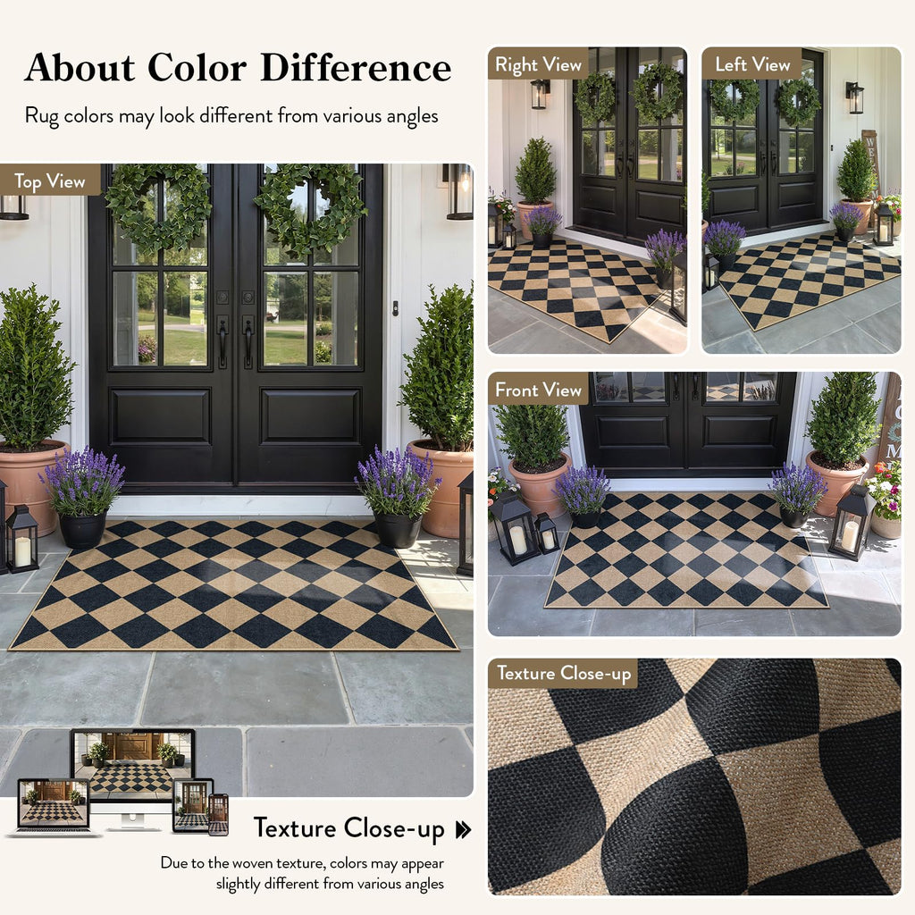Checkered Easy Jute 3x5 Entryway Front Porch Rug, Black Diamond Indoor Outdoor Patio Layering Rug, Washable Farmhouse