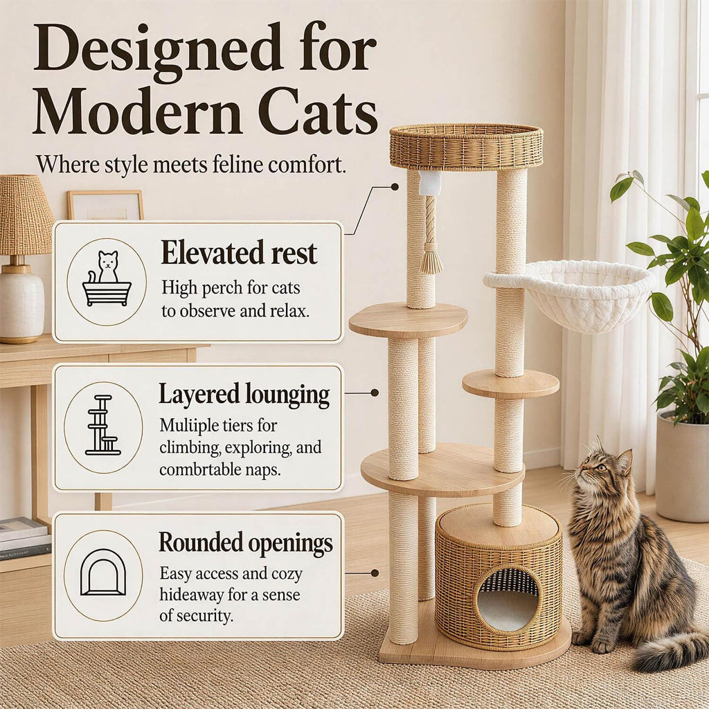 53'' Solid Wooden Cat Tree for Indoor Cats, Modern Large Cat Tower