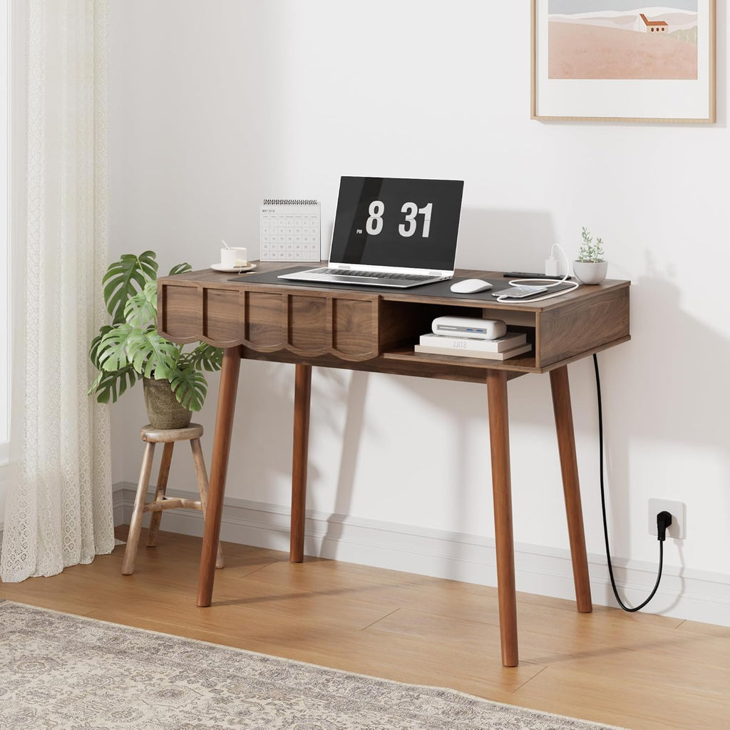 Mid Century Modern Desk, Executive Home Office Desk w/Drawer & Open Compartment