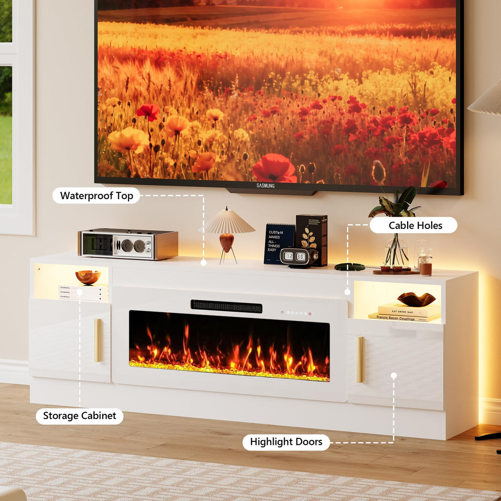 With 40'' Electric Fireplace, 70'' TV Media Entertainment Center with Fireplace Up to 80 inch, Modern LED TV Console