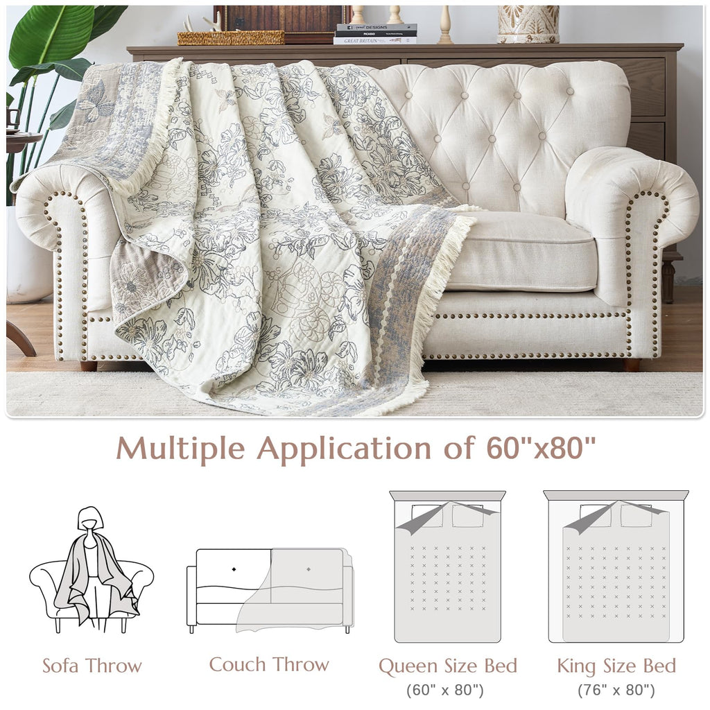 100% Cotton Boho Muslin Throw Blanket with Tassel 60x80 Gray/White