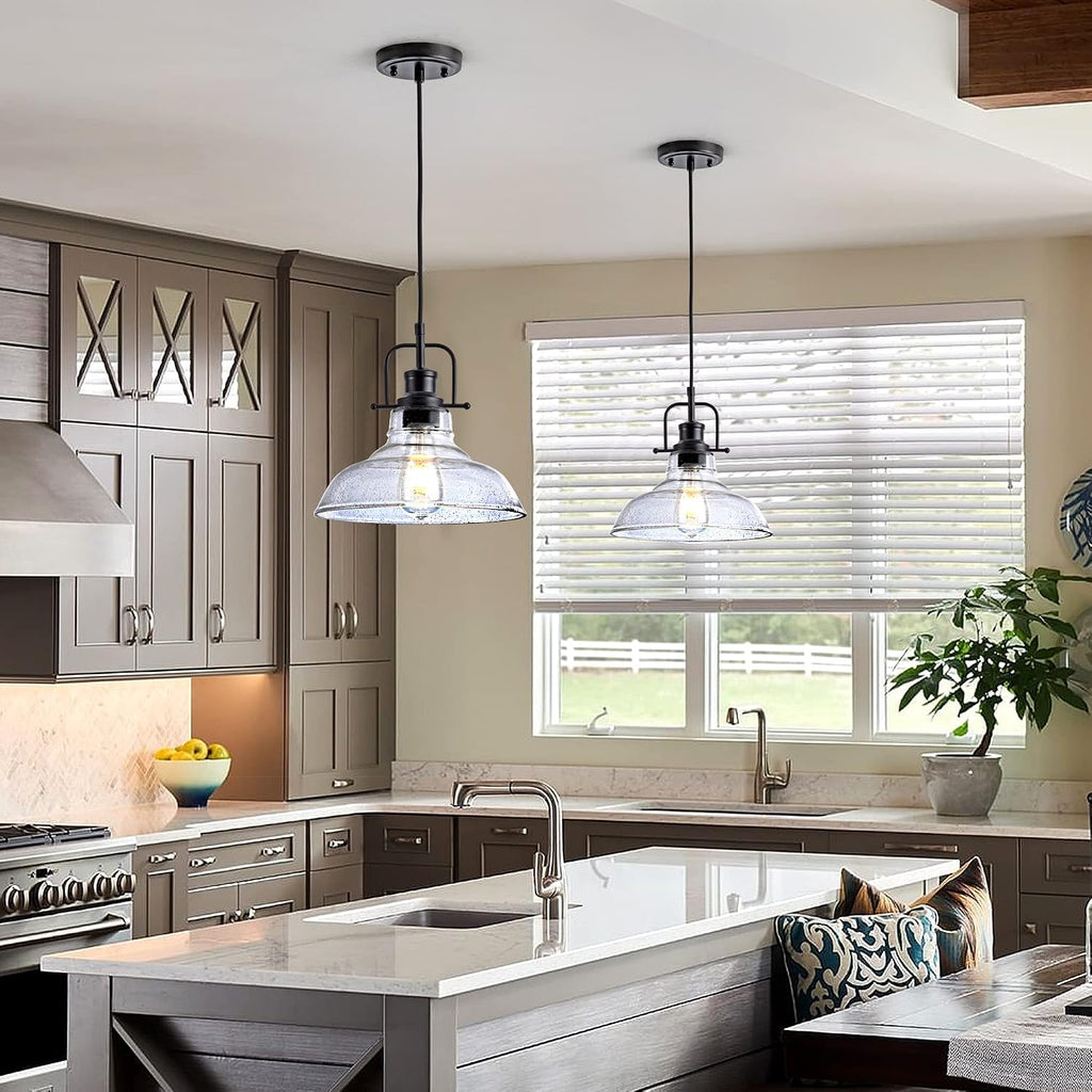 Glass Pendant Light，Black Pendant Light Fixtures with Seeded Glass Shade, Adjustable Height Hanging Lights for