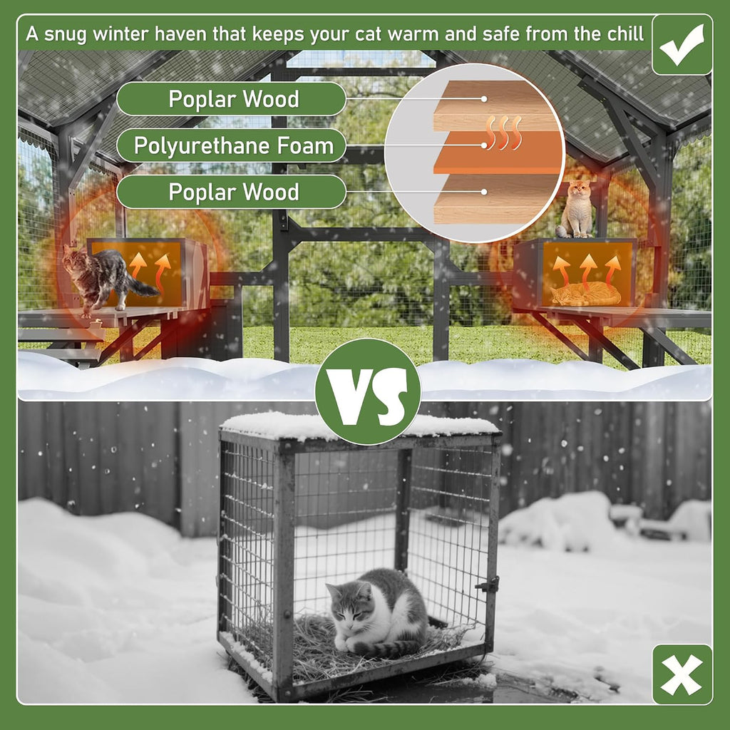 Outdoor Large Catio Cat Enclosure, Wooden Cat House with 7 Platforms, 2 Resting Boxes, 1 Bridge and 1 Ramp, Walk