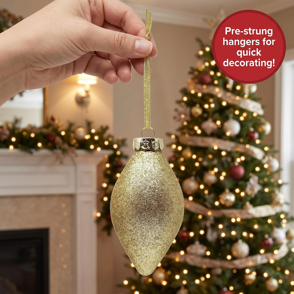 Gold Christmas Ornaments Set for Tree Decorations, Teardrop Finial
