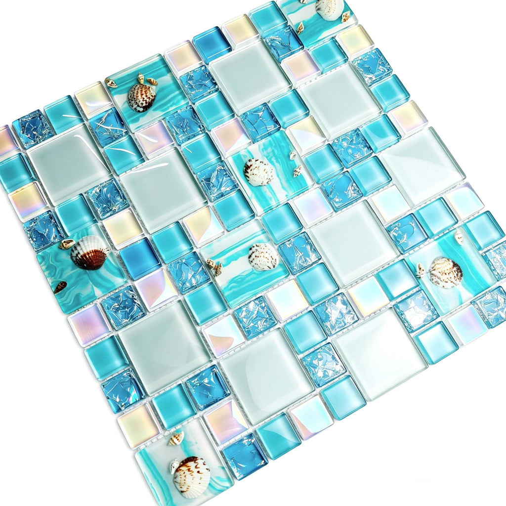 Coastal Glass Mosaic Tile, Blue Iridescent, 5 Sq Ft
