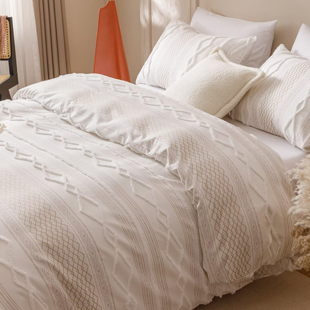 Tufted Comforter Set Queen Beige Jacquard Bedding Sets