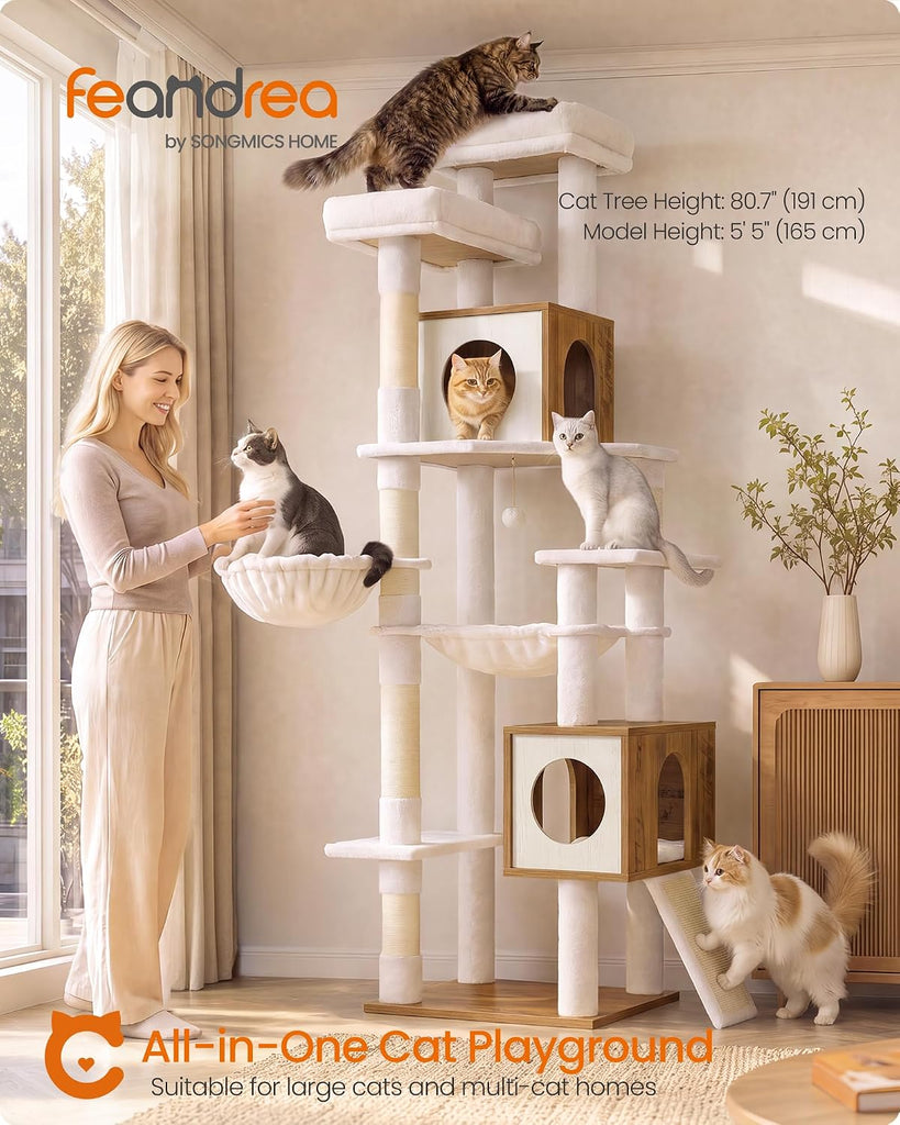 Tall Cat Tree, 8-Tier Wood Tower with 2 Condos, Scratching Post