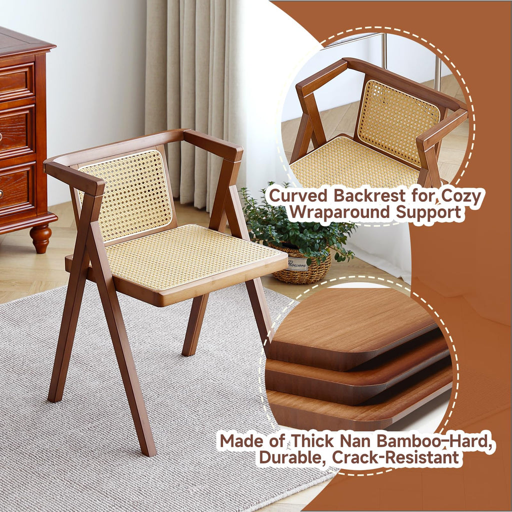 Rattan Dining Chair Set of 2, Mid-Century Modern Cane Armchair