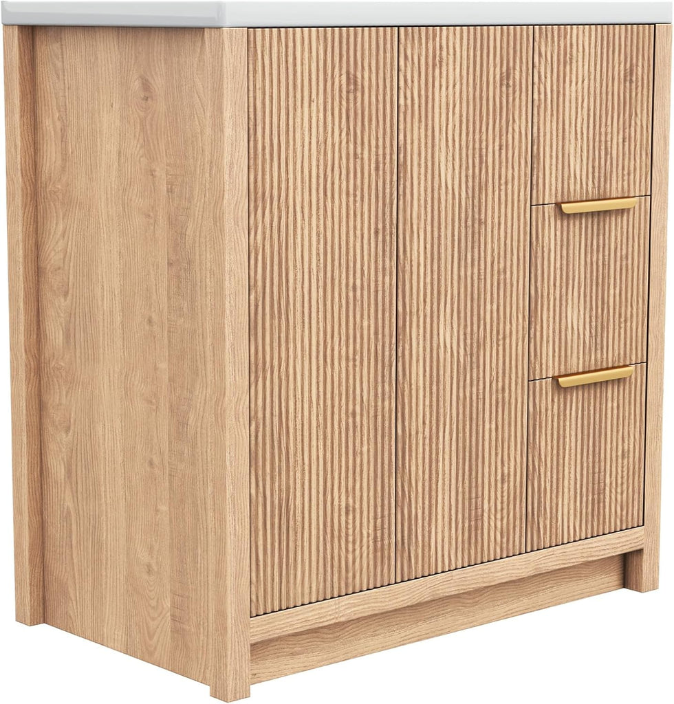 31.5-Inch Fluted Bathroom Vanity with Ceramic Sink – Modern Freestanding Cabinet with 2 Drawers, Natural Oak