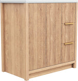 31.5-Inch Fluted Bathroom Vanity with Ceramic Sink – Modern Freestanding Cabinet with 2 Drawers, Natural Oak