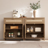 Sideboard Buffet Cabinet Set of 2, Rattan Credenza Storage Cabinet, Boho Buffet Table Console Cabinets with Drawer
