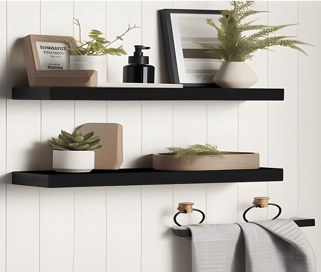 24 Inch Black Wood Floating Shelves for Wall Rustic Wall Shelf Living Room Set of 4