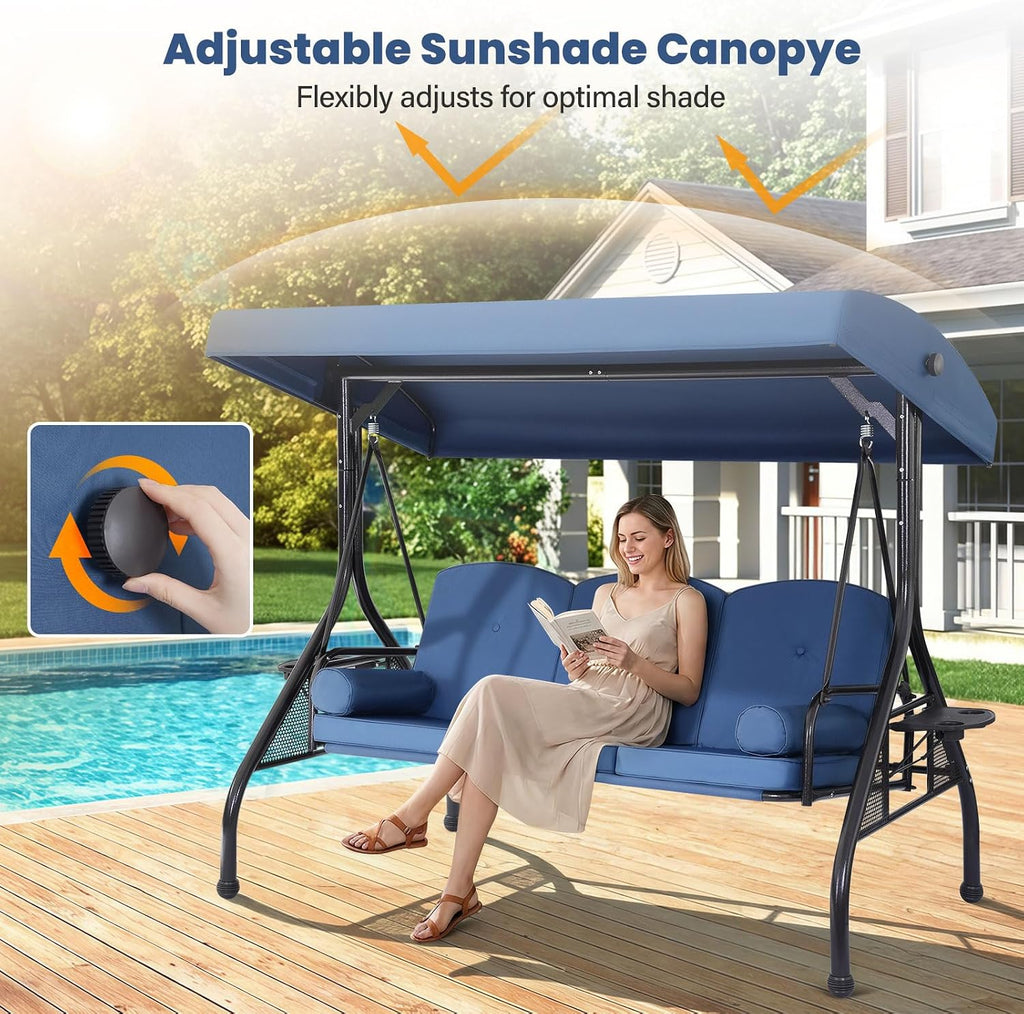 3 Seat Outdoor Porch Swing with Adjustable Canopy,2 in 1 Patio Swing Bed with Stand 800lbs for Adults,Outdoor Swing