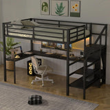 Full Metal Loft Bed with L Shaped Desk and Wardrobe, Heavy Duty Loft Bed Frame with Storage Stairs