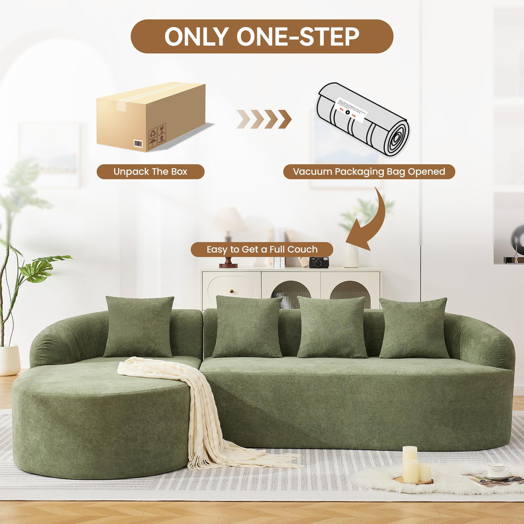 105" Boneless L Shaped Couch, Curved Sofas, Chenille Green