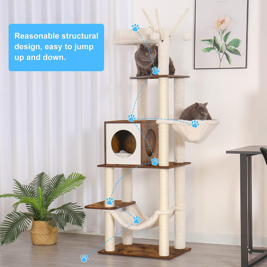Wooden Cat Tree Tower with Hammock for Indoor Cats