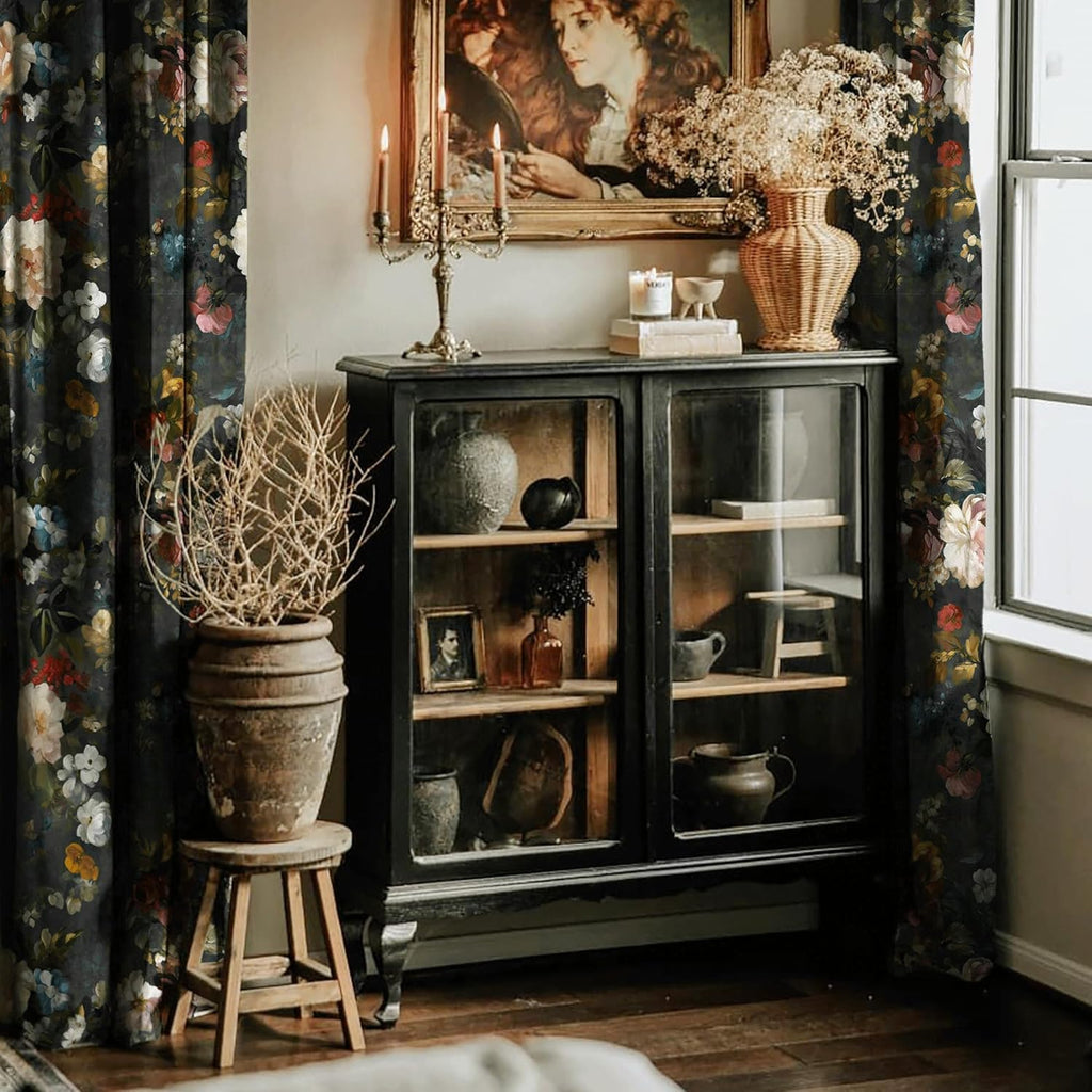 Floral Velvet Curtains 96 inches Long, Retro Blossom Printed Drapes with Energy Saving Luxury Decorative Floor to
