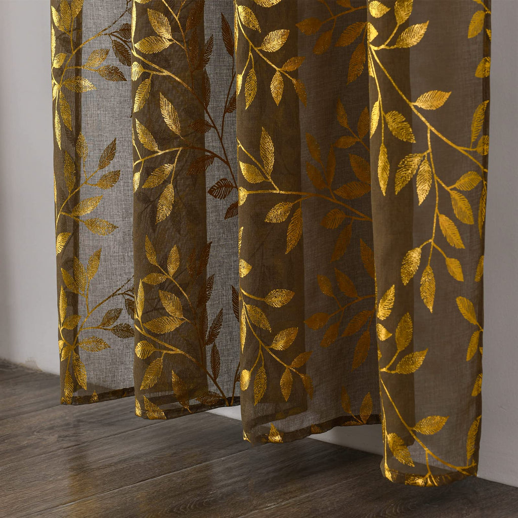 Sheer Curtains 84 Inch Length 2 Panels Set, Luxury Gold Foil Printed Metallic Bronzing Leaves, Privacy Window