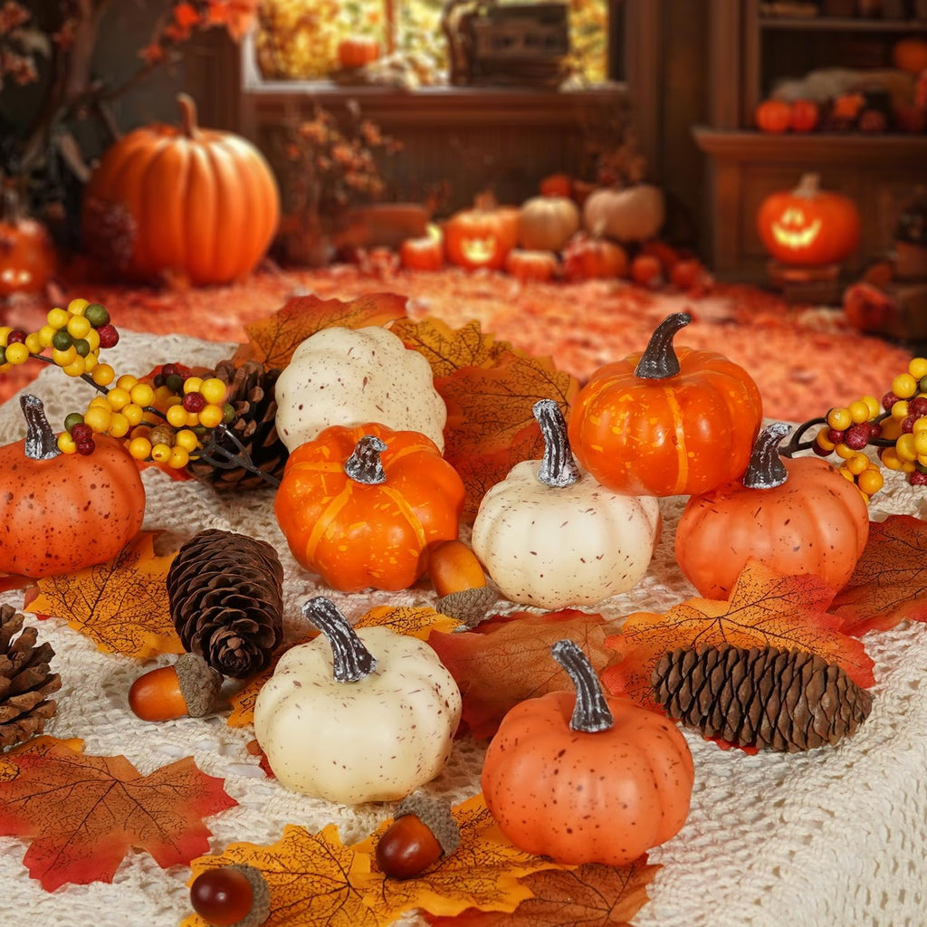 Artificial Pumpkins, Fall Harvest Decorations with Acorns, Pinecones, Berries, Maple Leaves for Farmhouse Fall - Set of 51