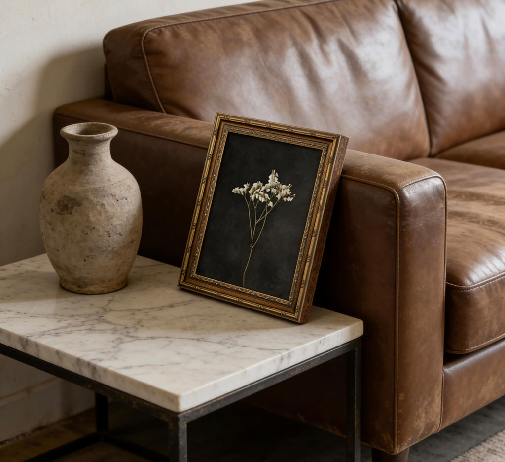 Vintage Gold Framed Wall Art, Minimalist White Dried Stem Flower Art, Dark Tone Botanical Print, Farmhouse, Ready to