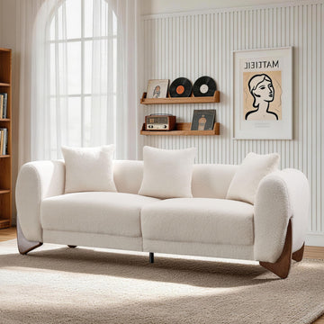 87'' Boucle 3 Seater Sofa Couch, Modern Upholstered Sherpa Sofa with Solid Wood Frame, Deep Seat Comfy Couches, White