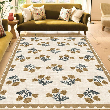 Beige 5x8 Living Room Area Rug - Washable Boho Floral Scalloped Bedroom Rug Stain Resistant Dining Room Rugs for