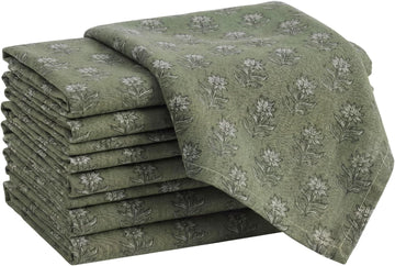 Set of 12 Floral Cloth Napkins Green Linen Cloth Napkins