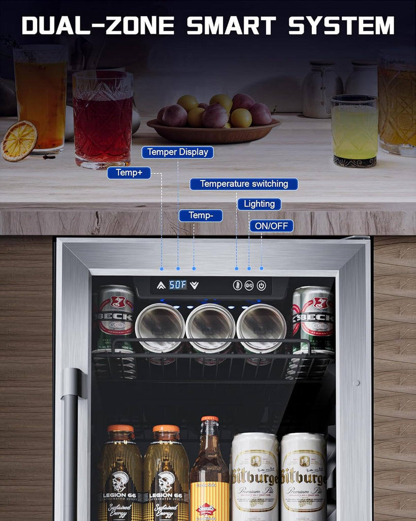 18-inch under-counter beverage refrigerator - 140-Can & 20-Bottle Capacity, Dual