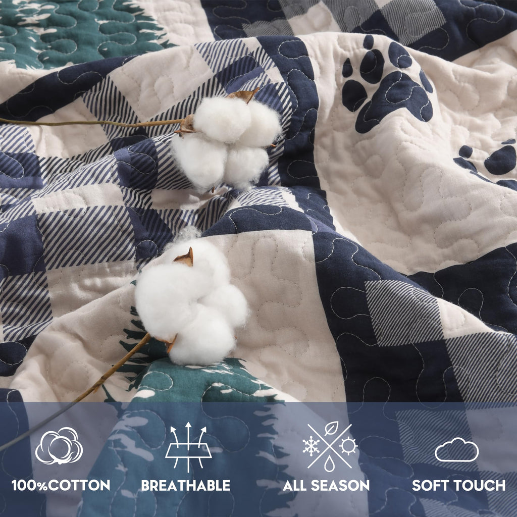 Bear Patchwork Quilt Set - Rustic Cabin Bedding Navy 3 Pieces