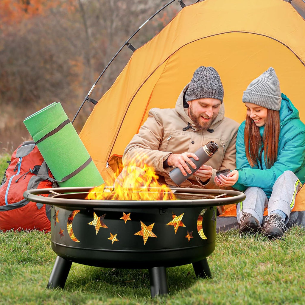 32 Inch Round Fire Pit with Mesh Cover, Fire Poker, Star and Moon Design, Metal Wood Burning Outdoor Firepit