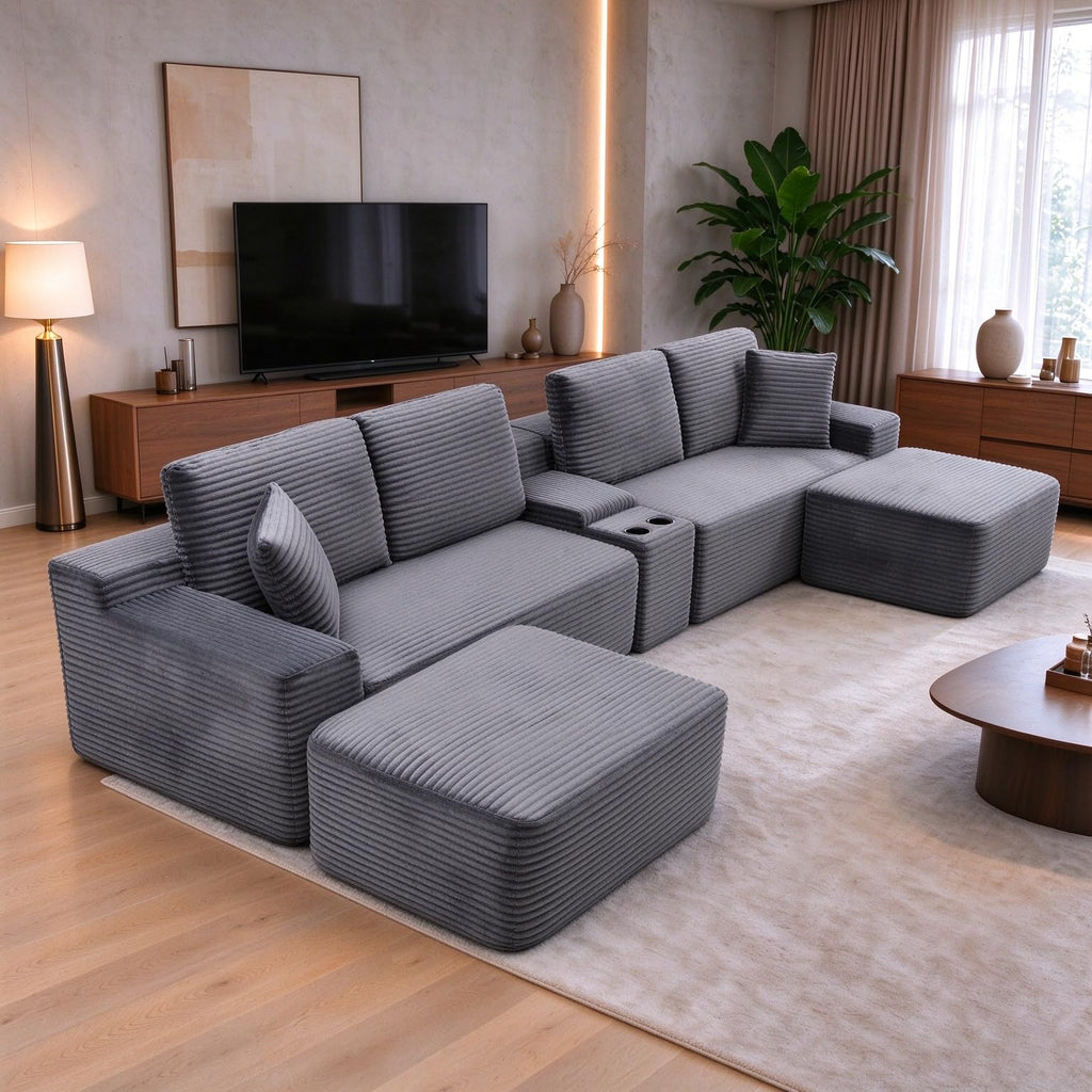 142" U-Shaped Sectional Sofa, Cloud Boneless Couch, Grey