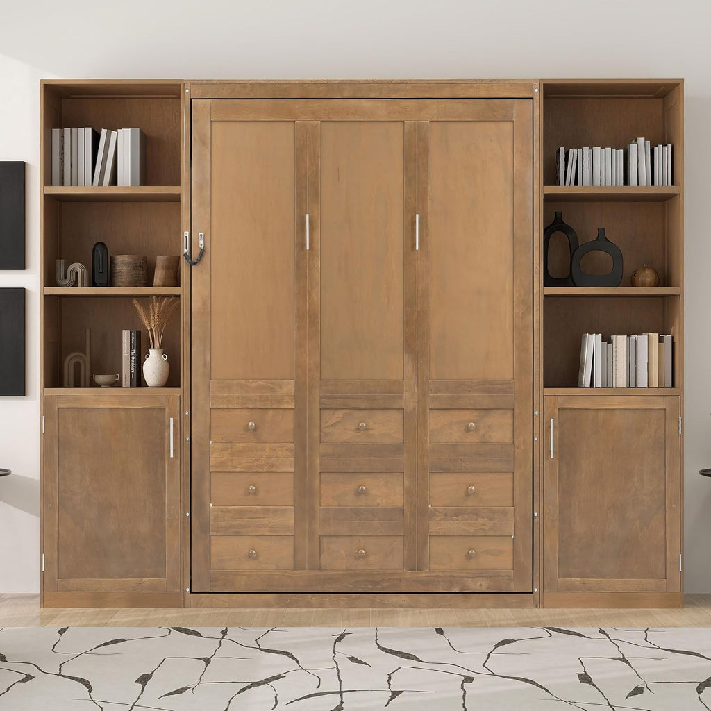 Queen Murphy Bed with Storage, Solid Wood Foldable Wall Platform Bed Frame with Storage Shelves and Cabinets for