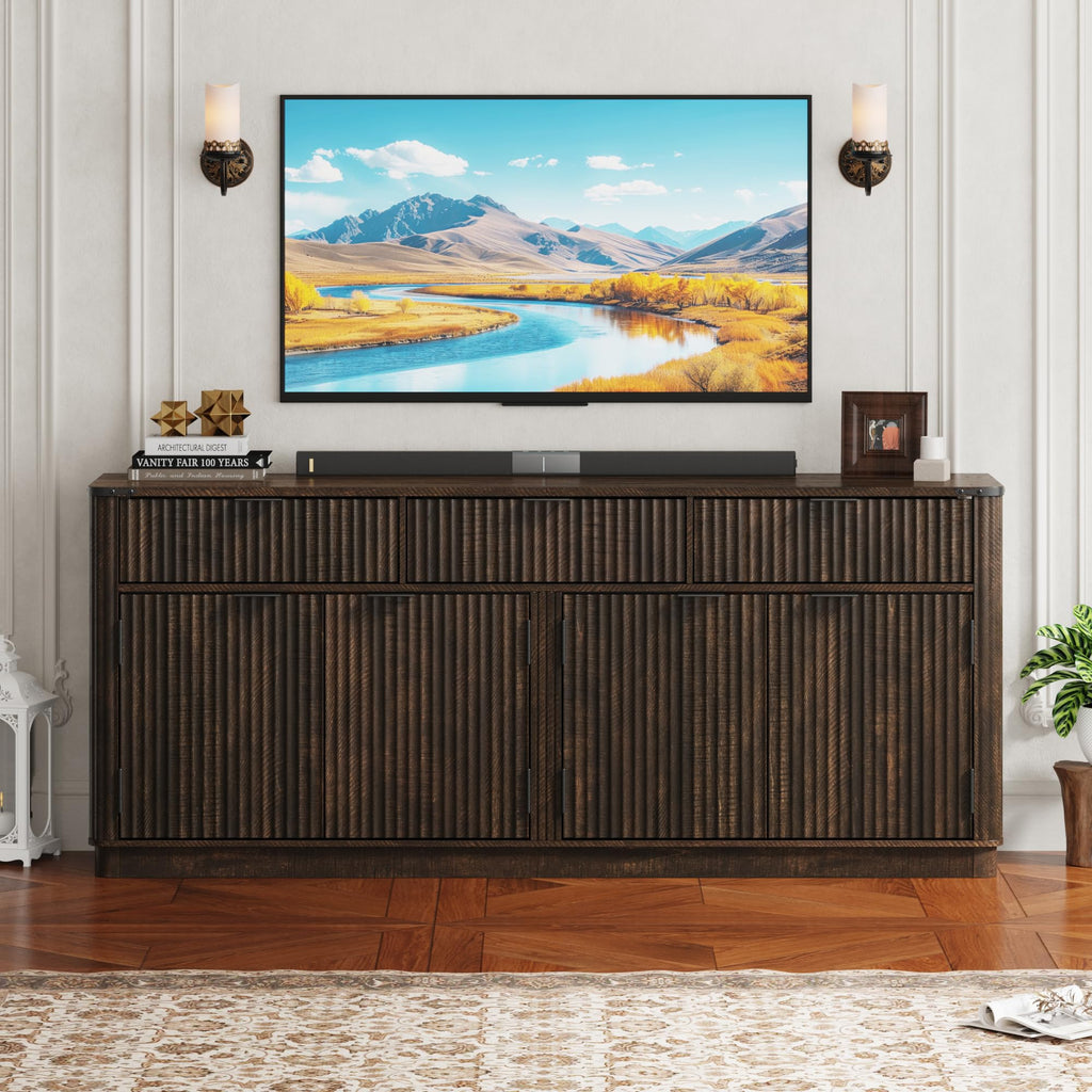70" Rounded Edge Large Sideboard Buffet Cabinet with 3 Storage Drawers, Farmhouse Kitchen Fluted Sideboard Cabinet w 4