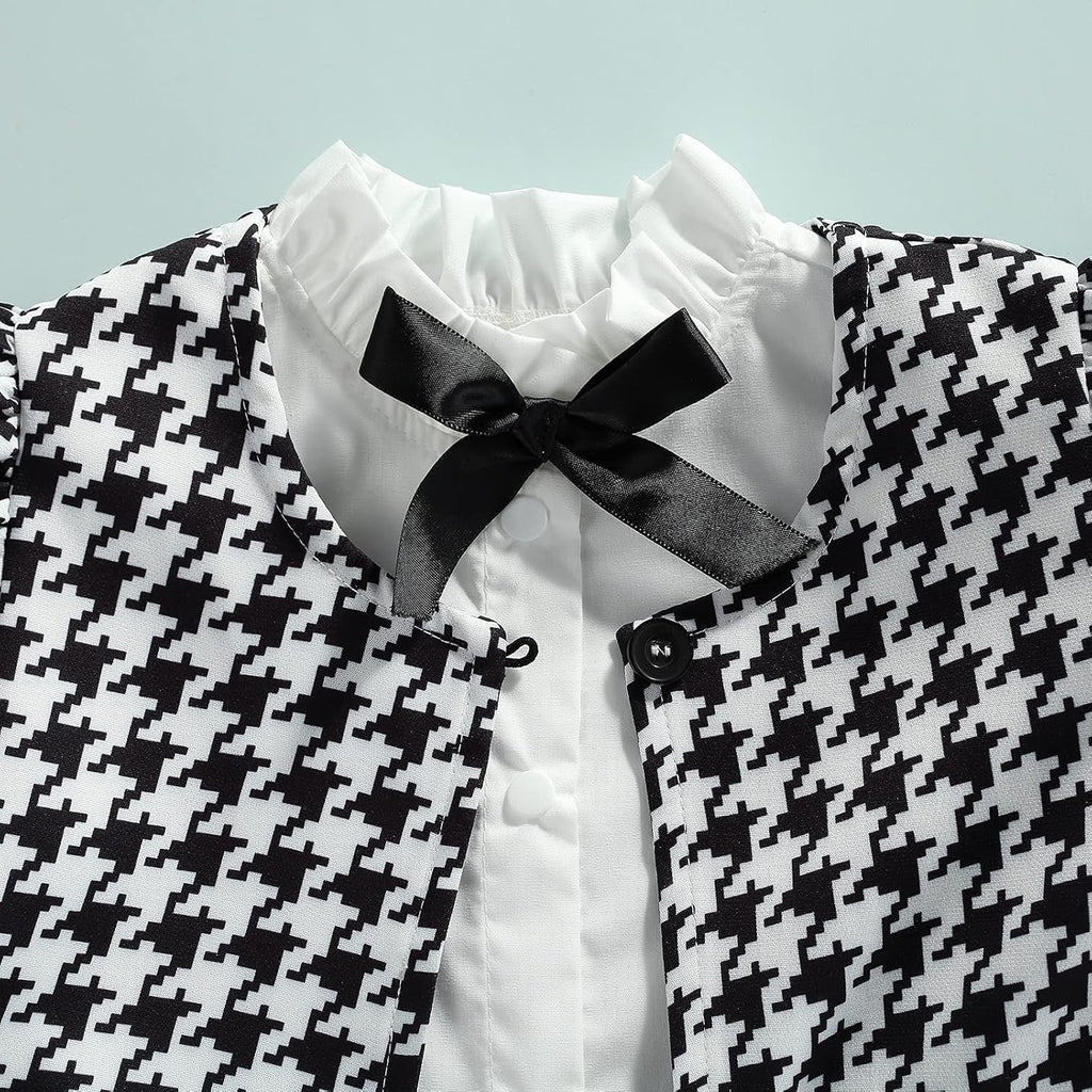 3PCS Toddler Baby Girl Ruffle Collar Button-Down Shirt + Long Sleeve Plaid Cardigan + Houndstooth Shorts Sets