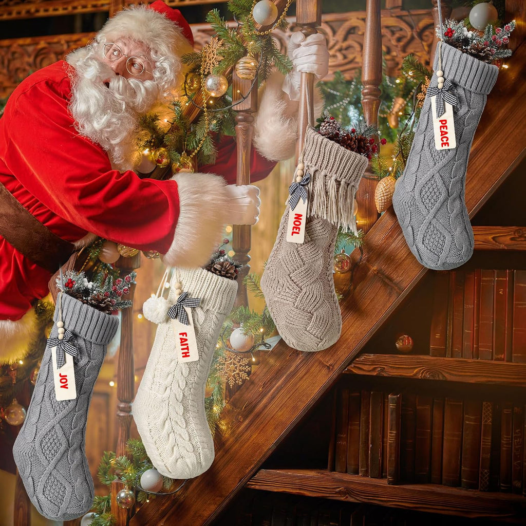 6 Set 18'' Cable Knit Boho Christmas Stockings, Novel Style