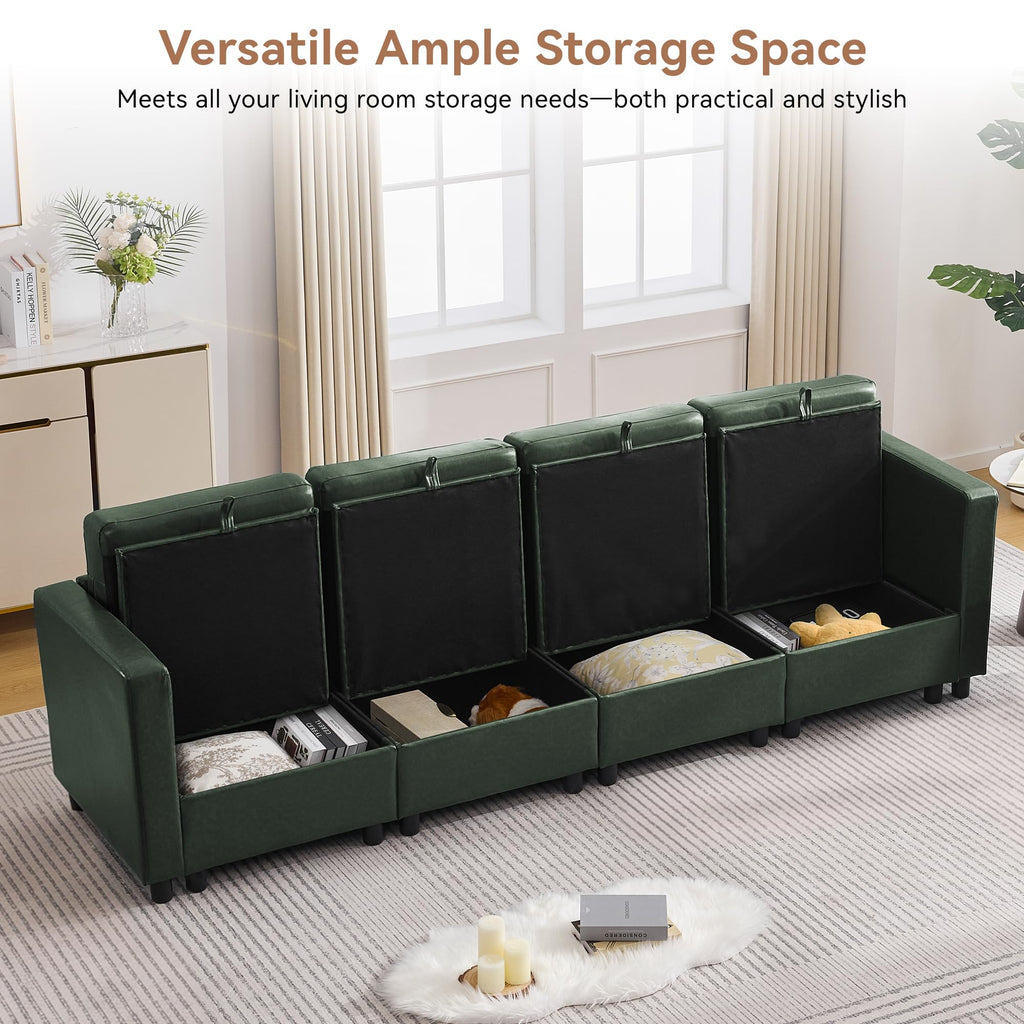Modular Sectional Couch, 107" Faux Leather Storage 4 Seat Sofa, Green