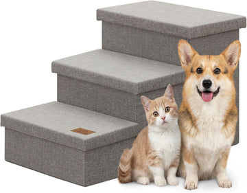 Dog Stairs with Storage, Grey 3 Steps Dog Ramp no Condo for Bed